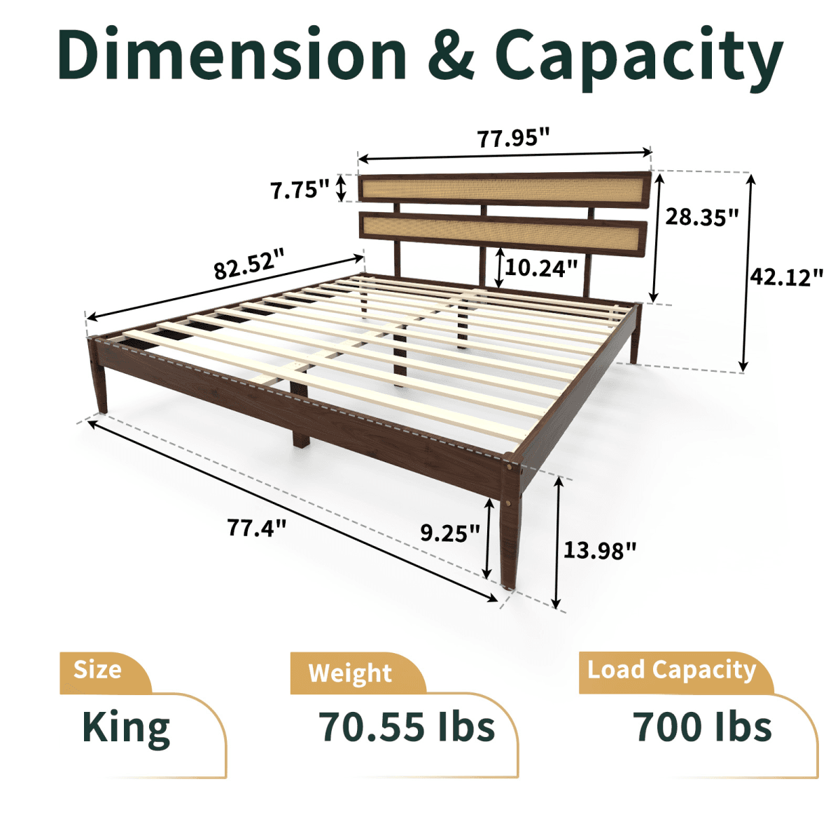 image-Bohemian King Size Bed - Dark Walnut Pine & Rattan Headboard