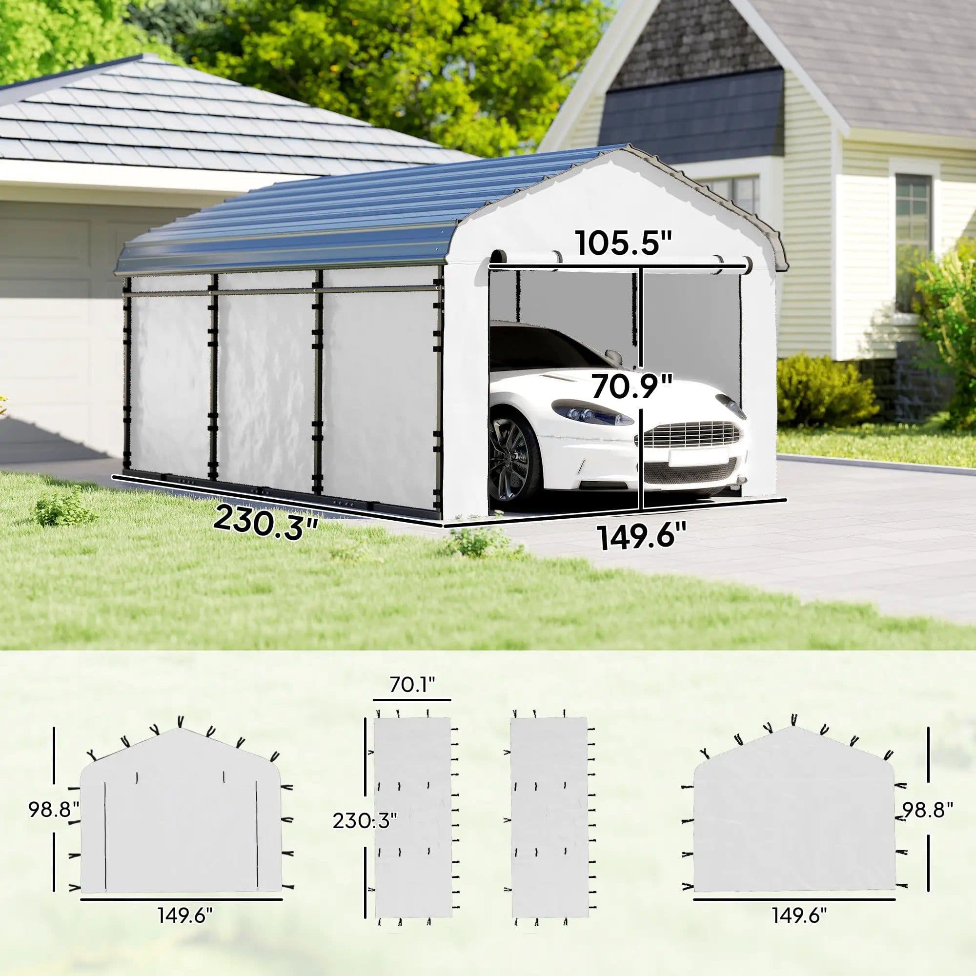 image-Carport Sidewall Panel - White, UPF50+ PE Fabric, Fits Most 12'x20' Carports