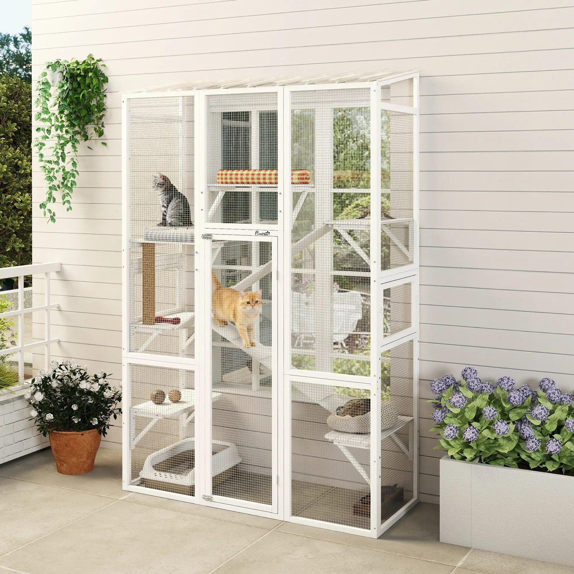 image-Flower Cat Tree - White, Fir Wood, Steel, 63.8"W x 24.2"D x 99.2"H