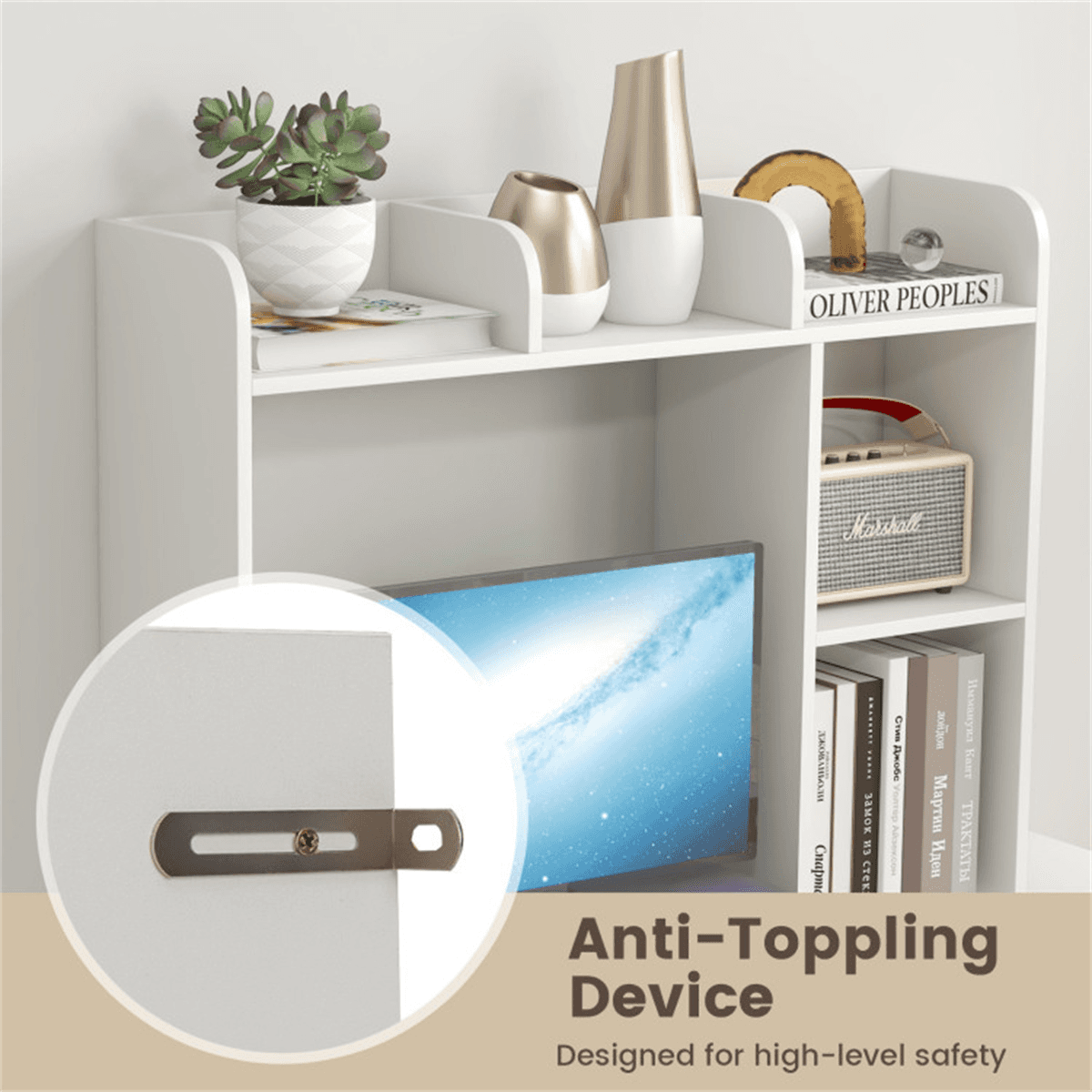 image-White Engineered Bookshelf for 27'' Monitor, 94x25x74cm Wood Desk Hutch 100lbs Capacity