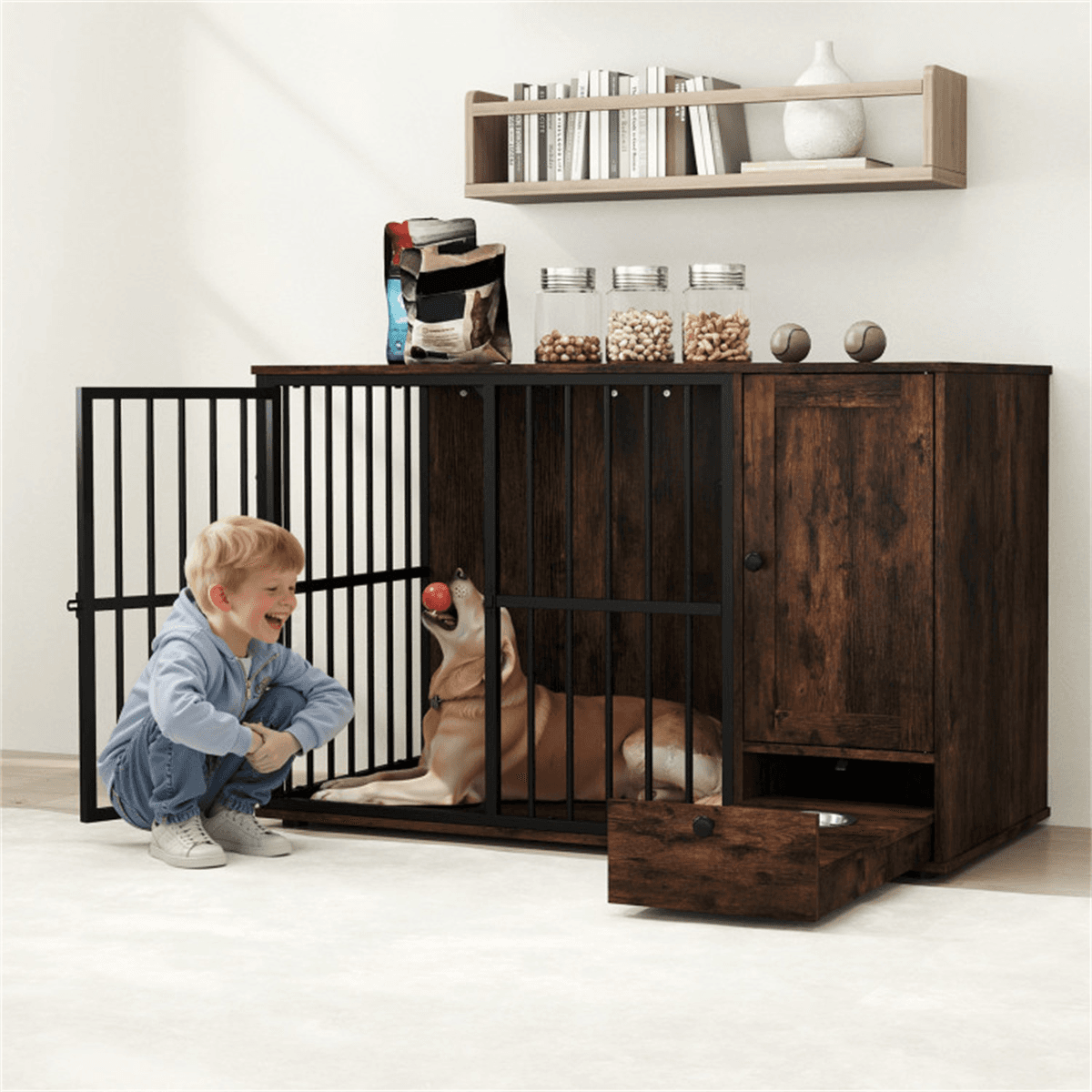 image-Coffee 2-in-1 Crate End Table with Pull-Out Feeder, Small & Medium Dogs