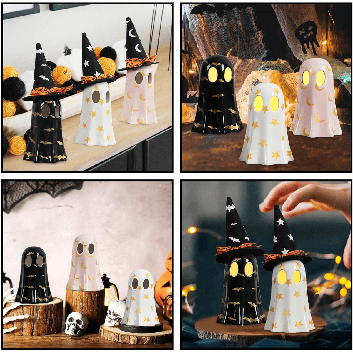 image-Halloween Decor Indoor, Set of 3 Ceramic Ghosts with Witch Hats, Cute Spooky Ghost Figurines for Mantel, Shelf & Tabletop Decor, Halloween Decorations