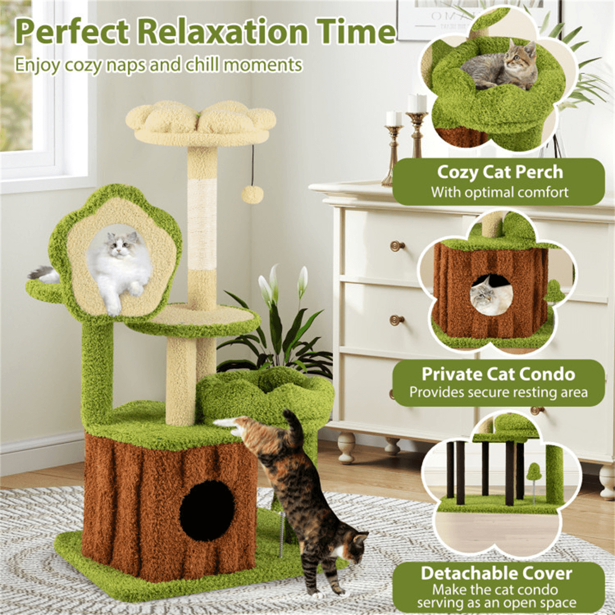 image-40" Jungle Cat Tree with Sisal Scratch Post, Interactive Toys, Washable Cover