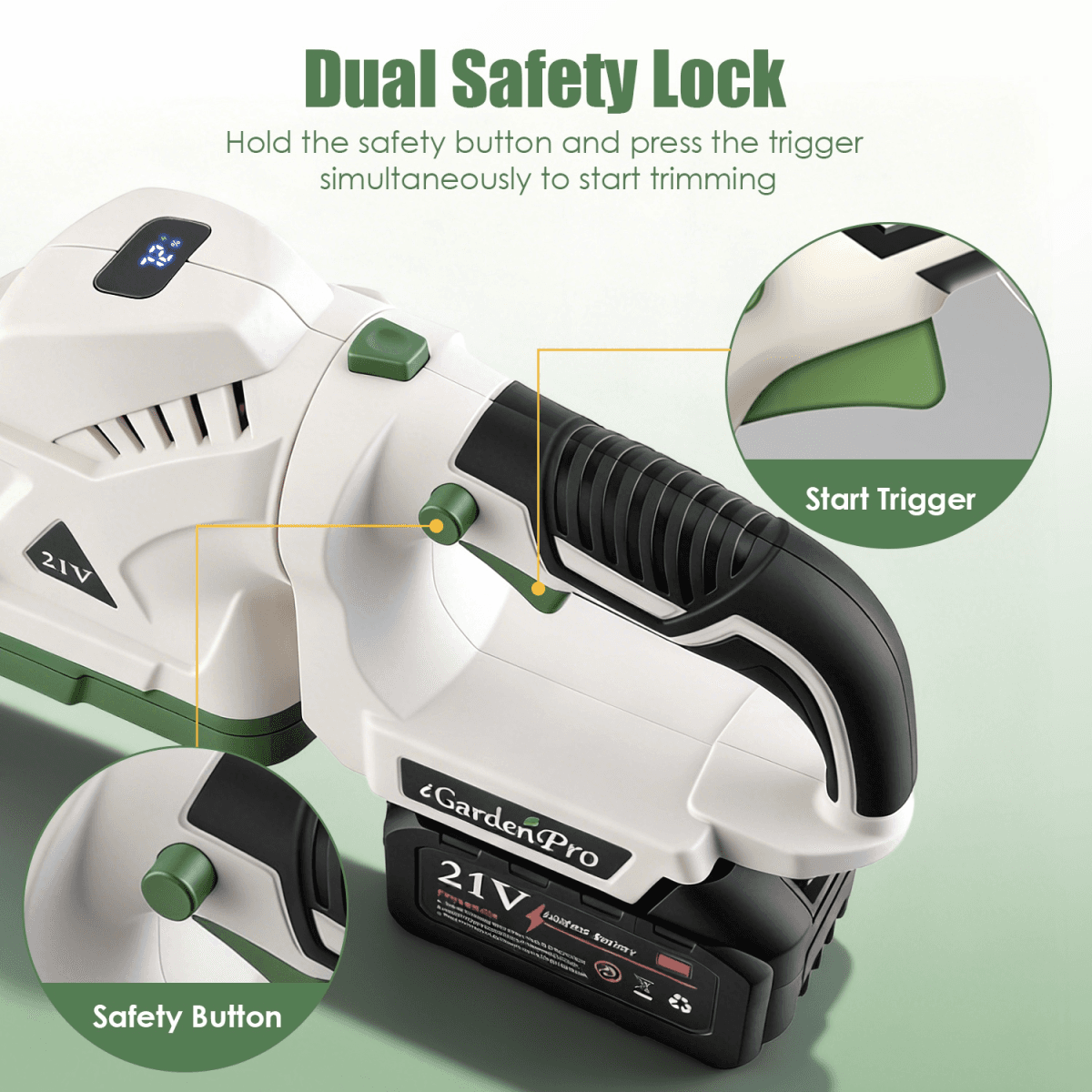 image-Cordless Hedge Trimmer, 20000 RPM, 2600mAh, Dual-Action Steel Blade, Safety Goggles