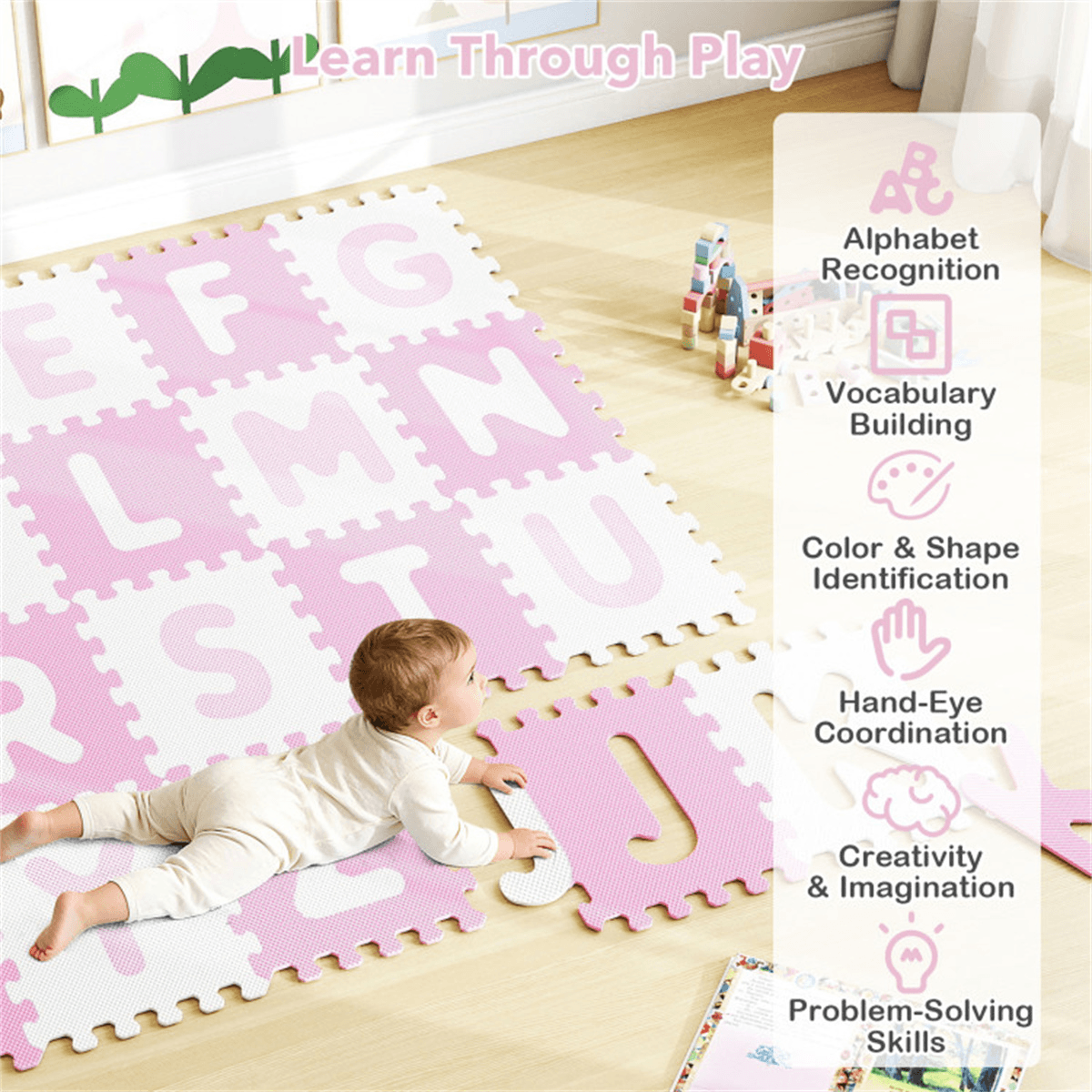 image-26-Piece EVA Foam Play Mat, Pink + White, BPA-Free, 31.75x31.75cm Non-Slip Tiles