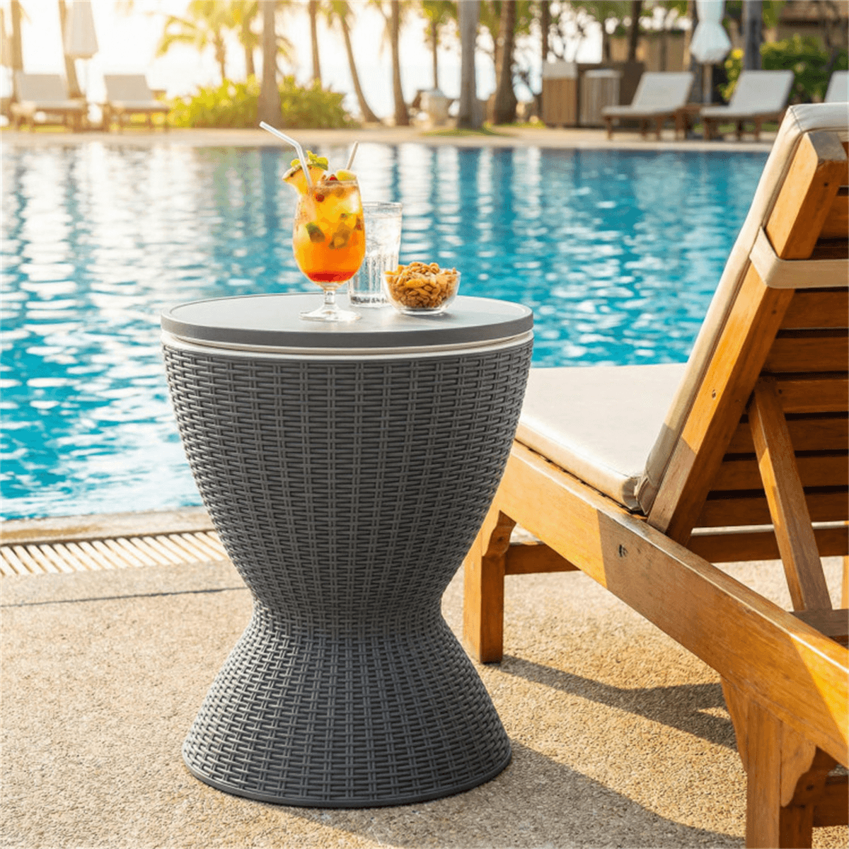 image-Outdoor Rattan Ice Cooler Side Table 8Gal Gray Adjustable