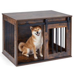 image-Dog Crate Furniture 31.5" - Rustic Brown Wooden Kennel End Table