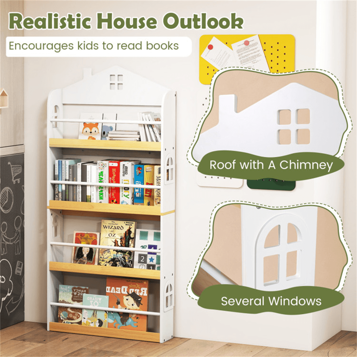 image-4-Tier House Bookshelf for Kids, 24"x6"x51", White & Natural, Anti-Toppling