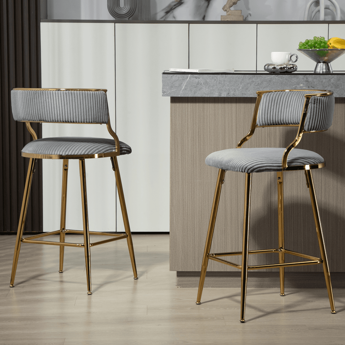 image-Set of 2 Counter Height Bar Stools, 26'' Corduroy, Modern Kitchen Design, Grey Base