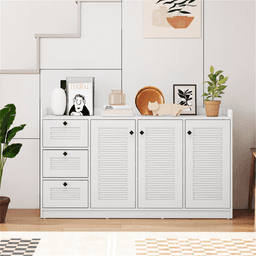image-White Buffet Sideboard Cabinet, 3 Drawers & 3 Shutter Door Cabinets, Abundant Storage Space