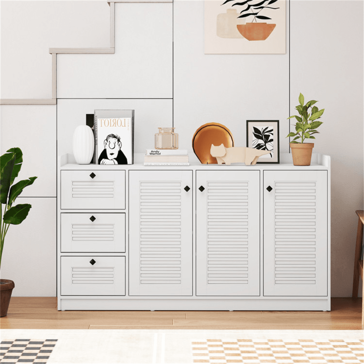 image-White Buffet Sideboard Cabinet, 3 Drawers & 3 Shutter Door Cabinets, Abundant Storage Space