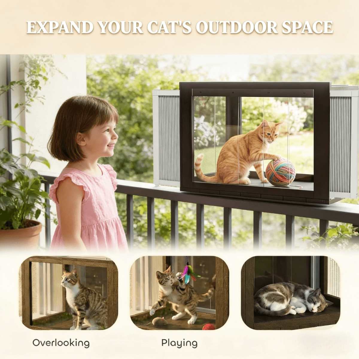 image-Window-Mounted Catio Cat Enclosure - Black & White Fir Wood