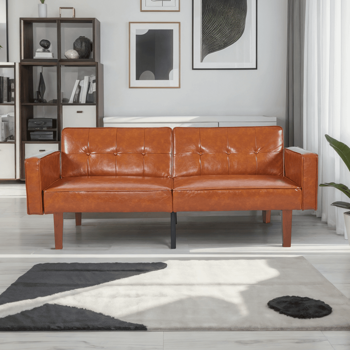 image-Modern PU Leather Futon Sofa with Tufted Backrest, Adjustable Reclining Couch with Wood & Metal Legs, Mid-Century Style Sofa for Living Room