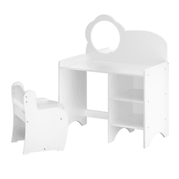 image-Kids Vanity Table - White, Wooden Dresser with Mirror & Chair, Storage Shelves, Playroom Furniture