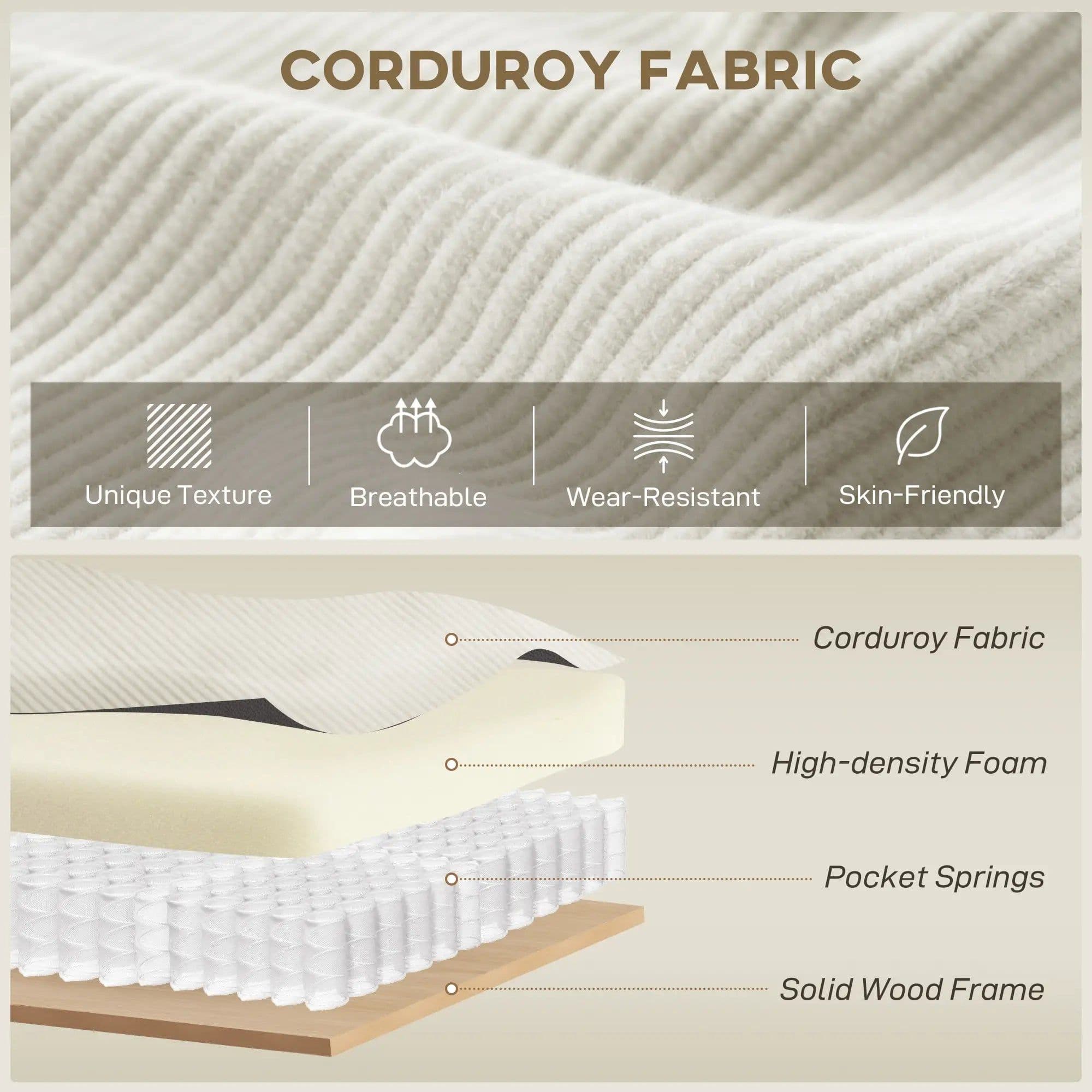 image-Sofa Bed - Beige Corduroy with Pocket Springs, 124.4" Wide, Ottoman Included
