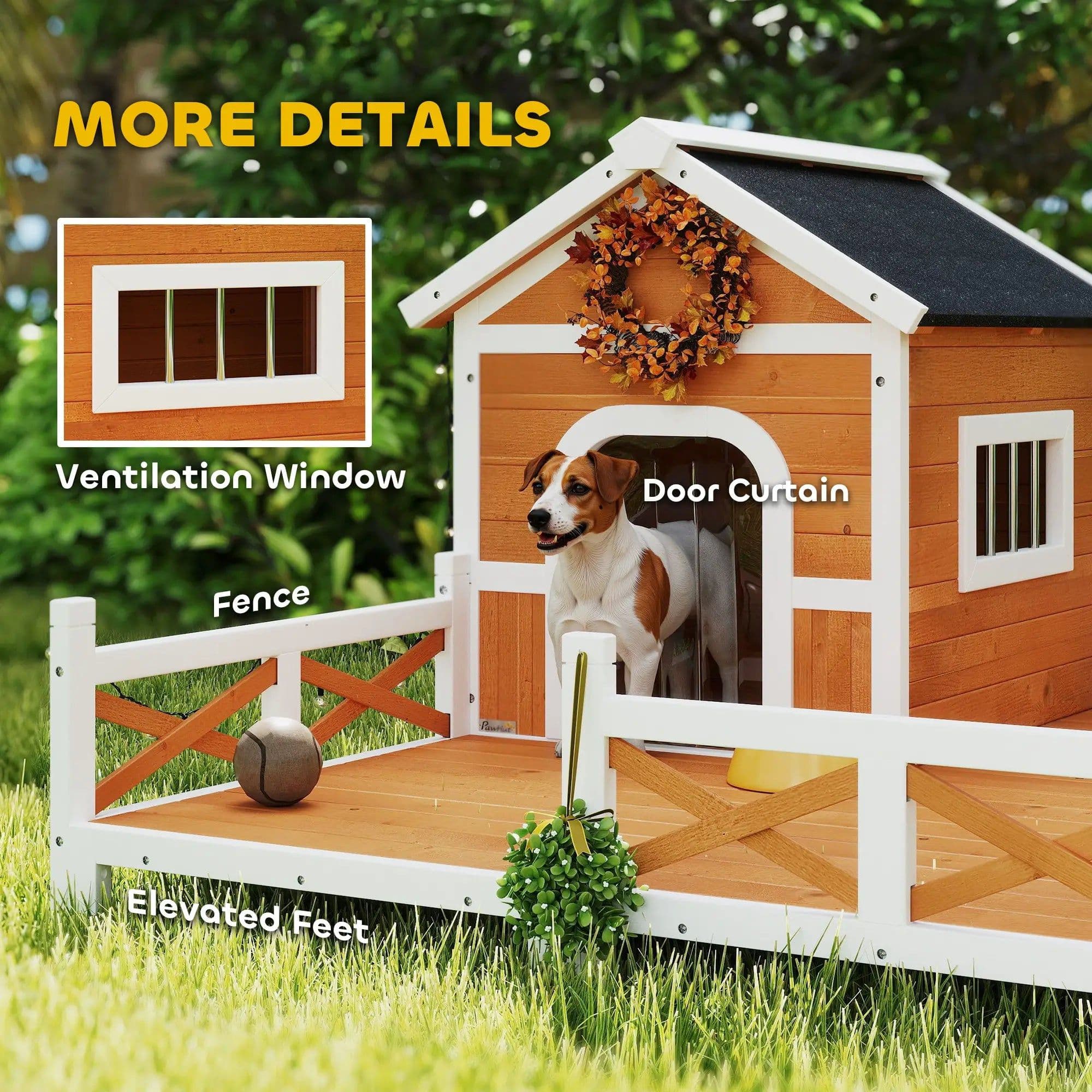 image-PawHut Outdoor Dog House - Small to Medium, Asphalt Roof, Wooden, 46.7"x55.9"x31.5"