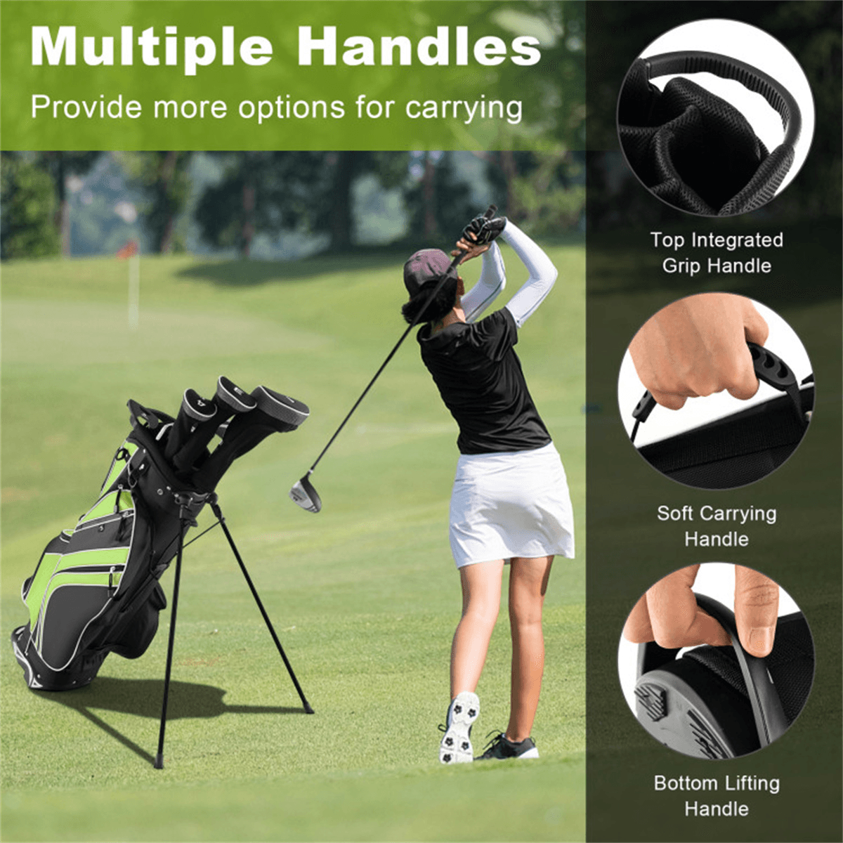 image-Lightweight Golf Stand Bag, Green, Portable Water-Resistant 6lbs