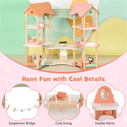 image-3-Tier Dollhouse with 7 Rooms & 31 Furniture, Corner MDF+Pine Wood Toy