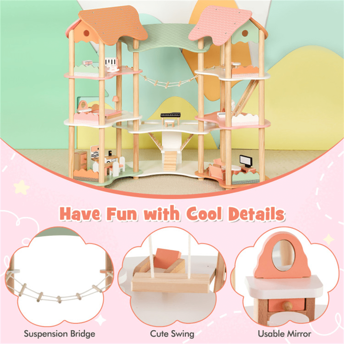 image-3-Tier Dollhouse with 7 Rooms & 31 Furniture, Corner MDF+Pine Wood Toy
