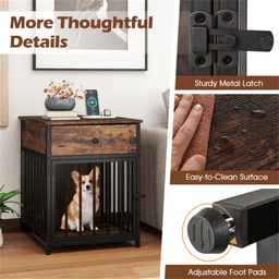 image-Multi-Functional Dog Crate End Table - Black+Brown, Charging Station, 25 lbs Small Dogs