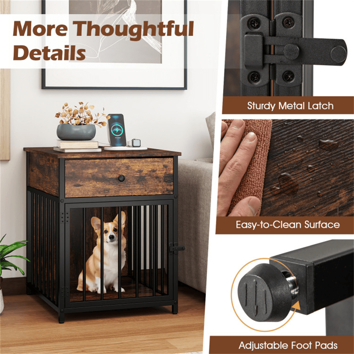 image-Multi-Functional Dog Crate End Table - Black+Brown, Charging Station, 25 lbs Small Dogs