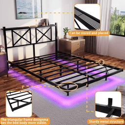 image-Floating Queen Size Bed Frame, Storage Headboard, USB Charging, LED Lights, Black (70 characters)