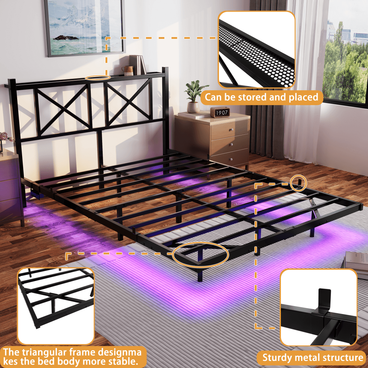 image-Floating Queen Size Bed Frame, Storage Headboard, USB Charging, LED Lights, Black (70 characters)