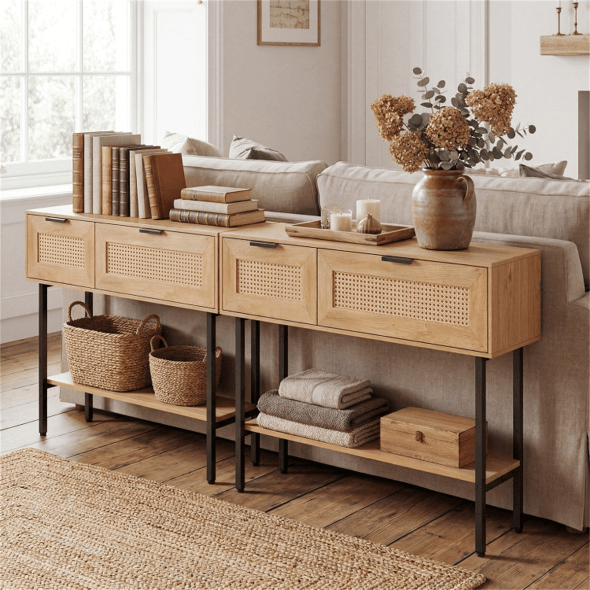 image-Rattan Console Table, 40" Natural Entryway Table with Storage & Shelf, Carbon Steel