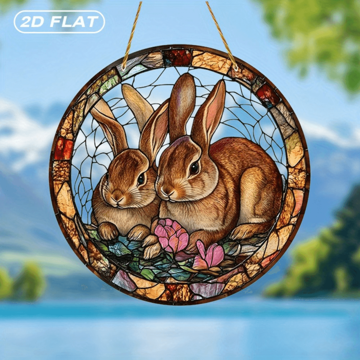 image-Acrylic Two Rabbits Floral Stained Glass Suncatcher - Garden Decor 20x20cm