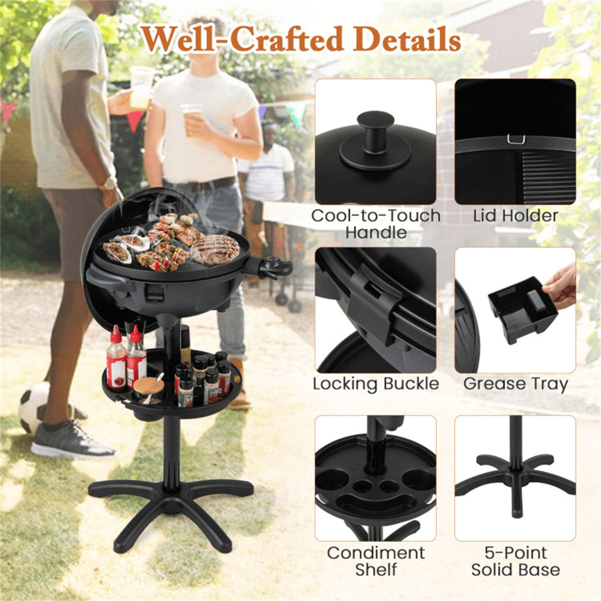 image-Black Electric BBQ Grill 1200W Double-Zone 205 sq.in