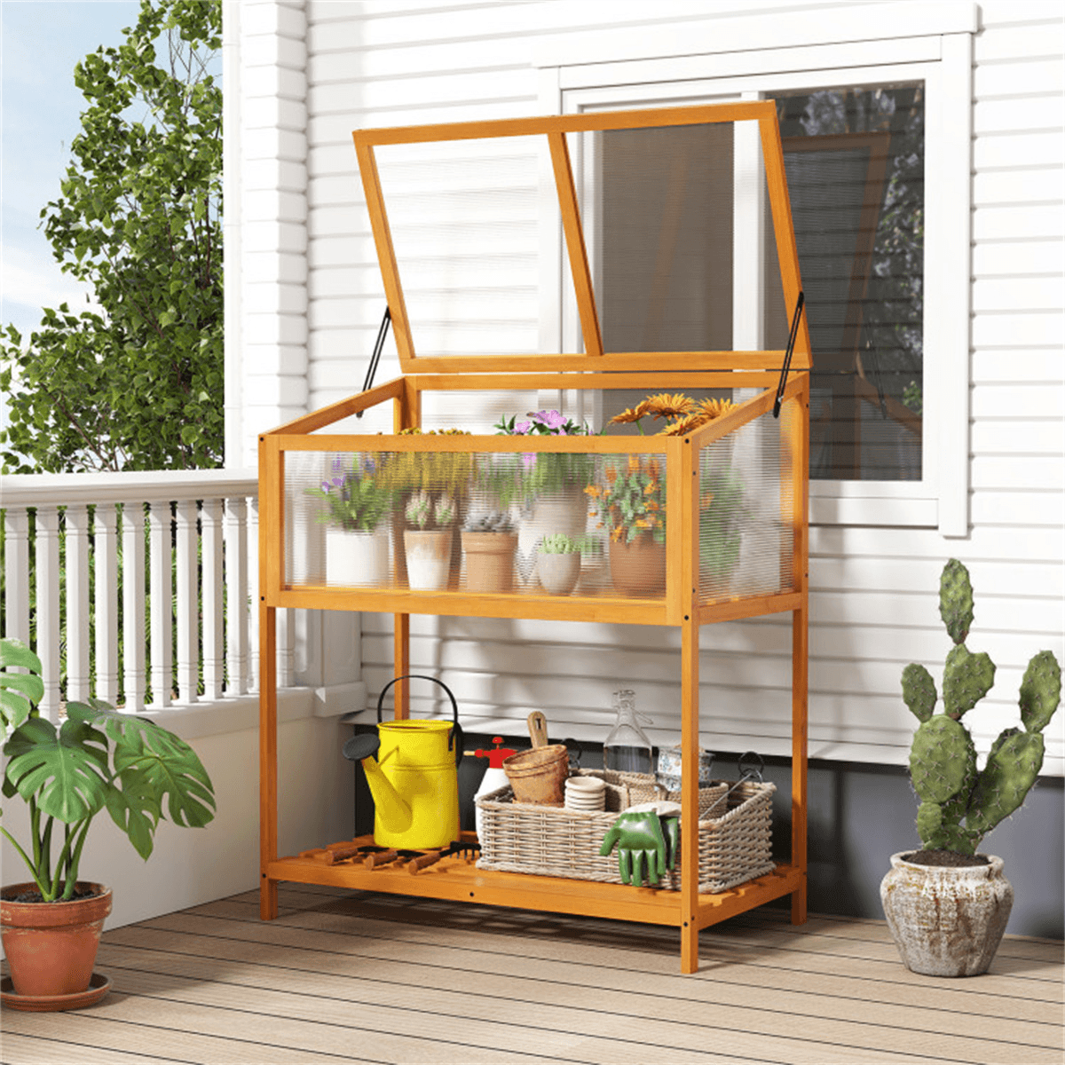 image-2-in-1 Fir Wood Greenhouse with Adjustable Roof & Shelf - Orange