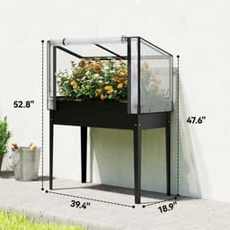 image-Raised Garden Bed with Mini Greenhouse - Black Metal