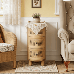 image-End Table - Solid Wood, Rattan Design, 3 Drawers, 23.6"H