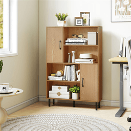 image-4-Tier Open Shelf Cabinet with 2 Doors - Natural, 176 LBS Capacity, Living Room Storage