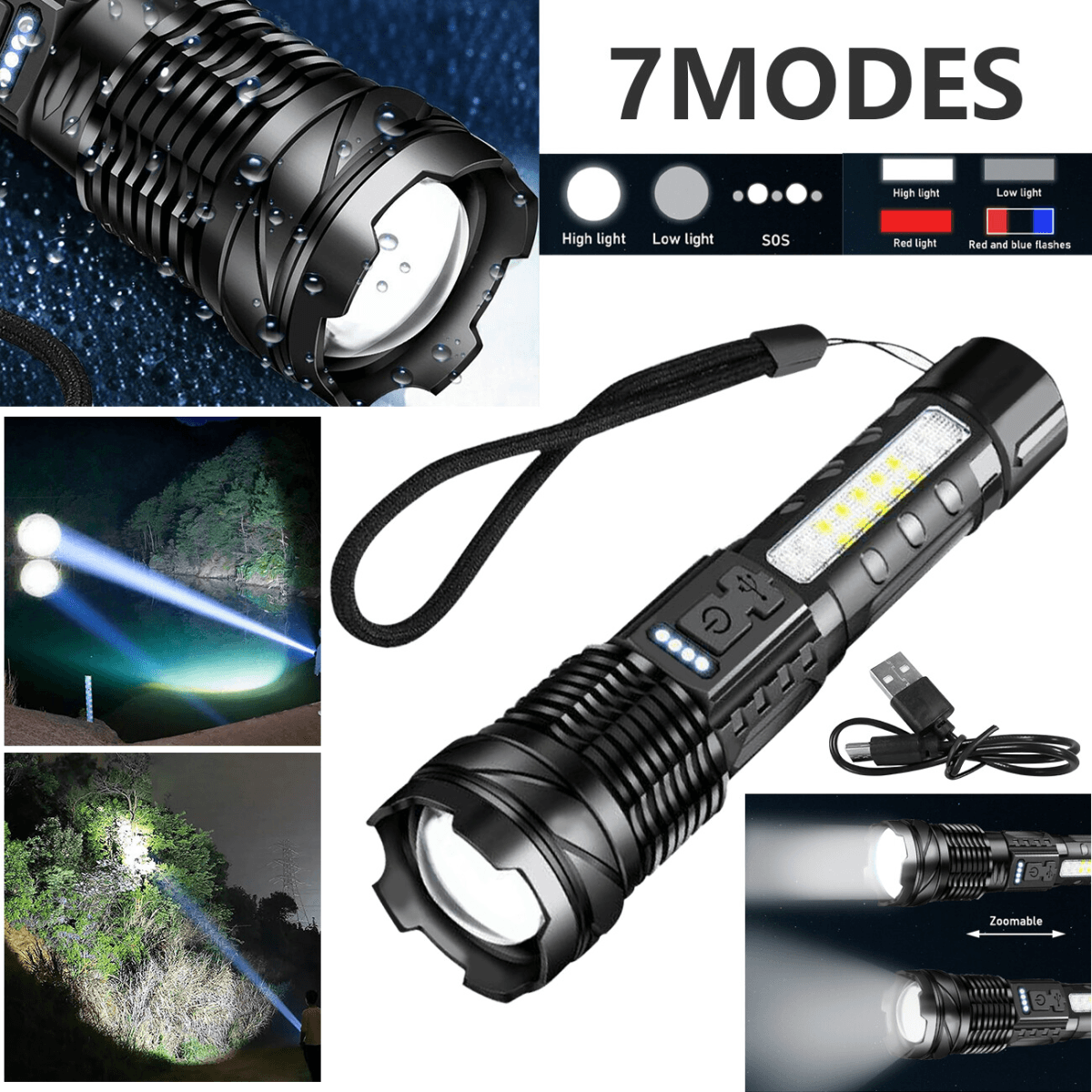 image-(2Pack)USB Rechargeable LED Flashlight Adjustable Focus Camping Hiking Outdoor Flashlight Work light (Logistics only For USPS.TK/TMEU only For self-pickup)