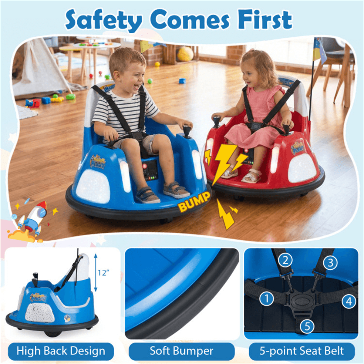 image-Kids Seat Belt Car, Blue Ride-On Toy with Lights & Music, 0.7-1.2 MPH, Ages 18-72 Months