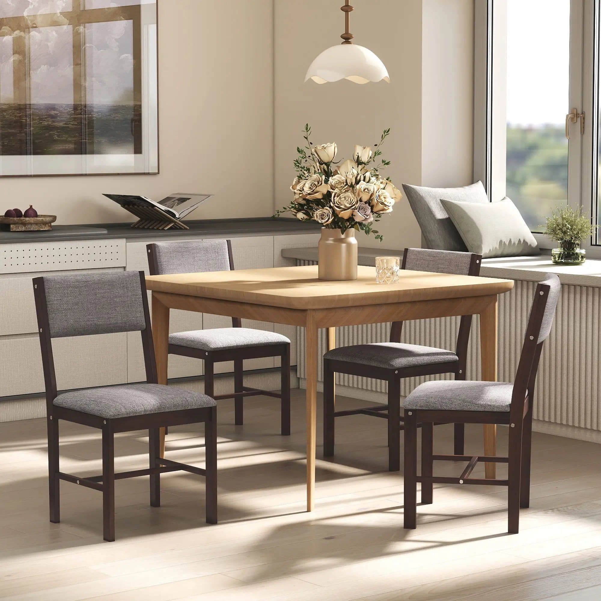 image-4-Piece Dining Chairs - Set, Gray/Walnut, Linen, Rubberwood, 4 Chairs