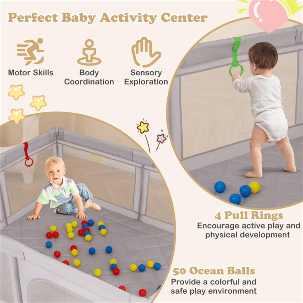 image-Portable Baby Play Yard - Grey, 73"x61.5"x27", Mesh, Carry Bag