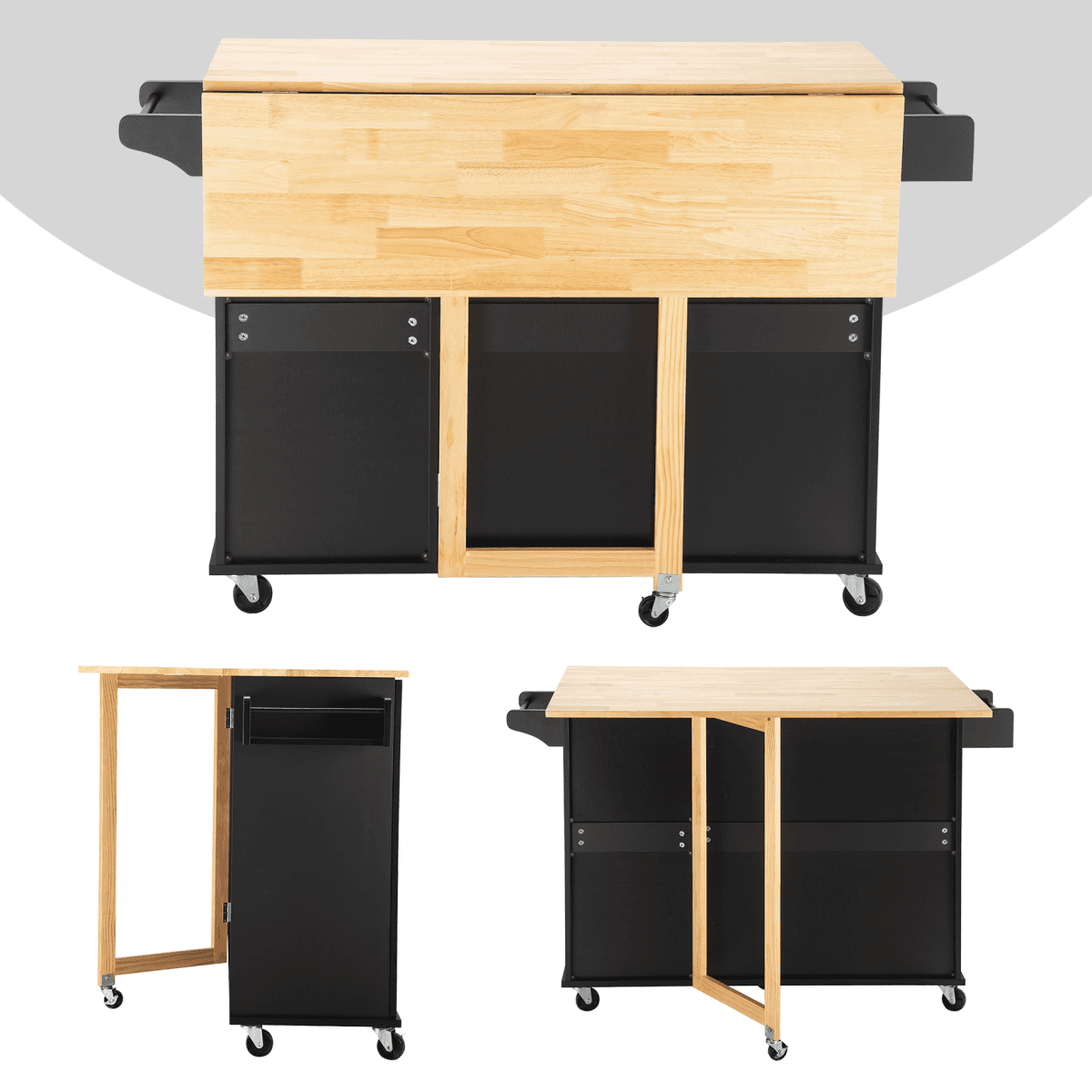 image-Kitchen Island & Cart - Rubber Wood, Big Adjustable Shelf, 54x18x36" Black