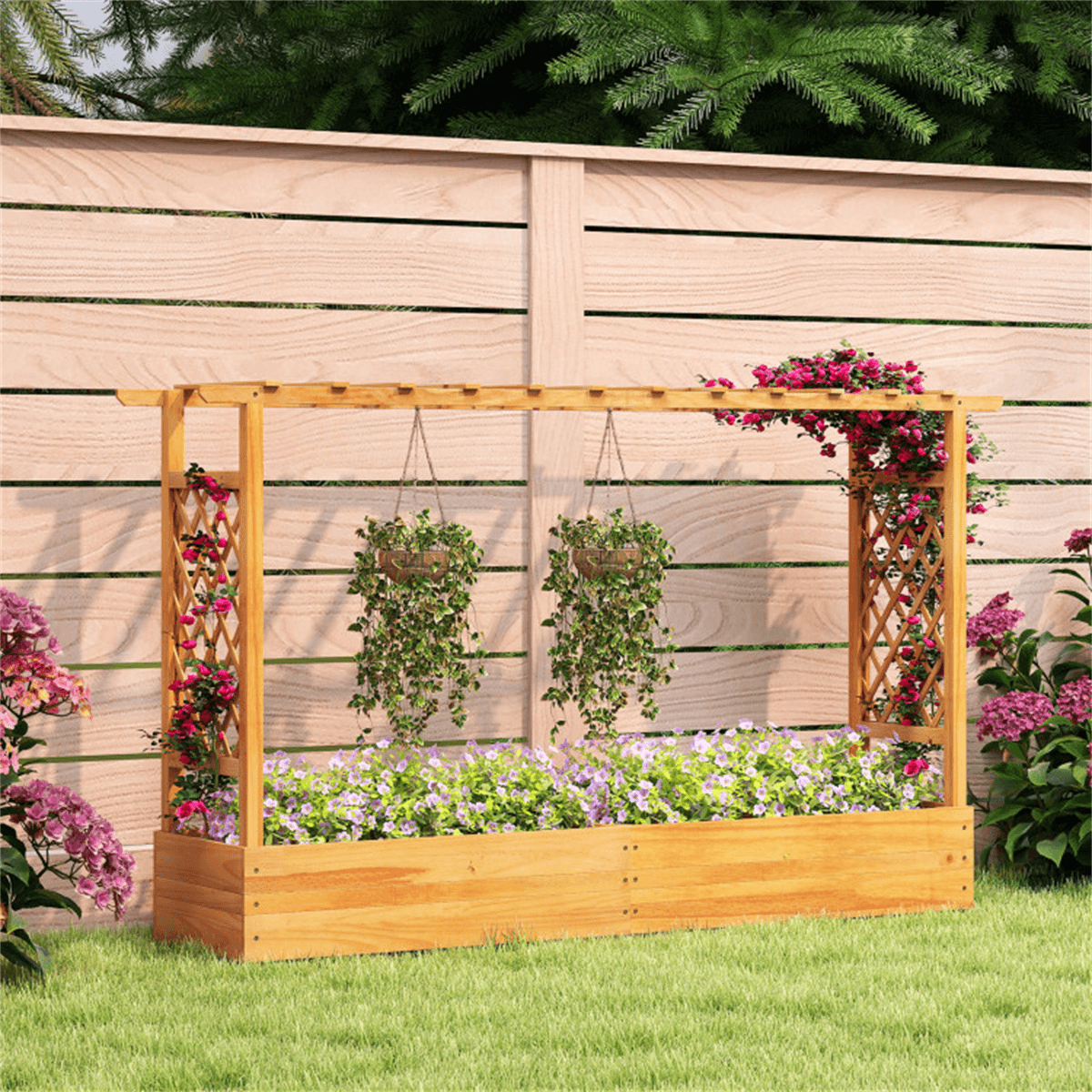 image-Wooden Raised Garden Bed, 77" x 17" x 45", Pine Wood, Open-Ended Trellis