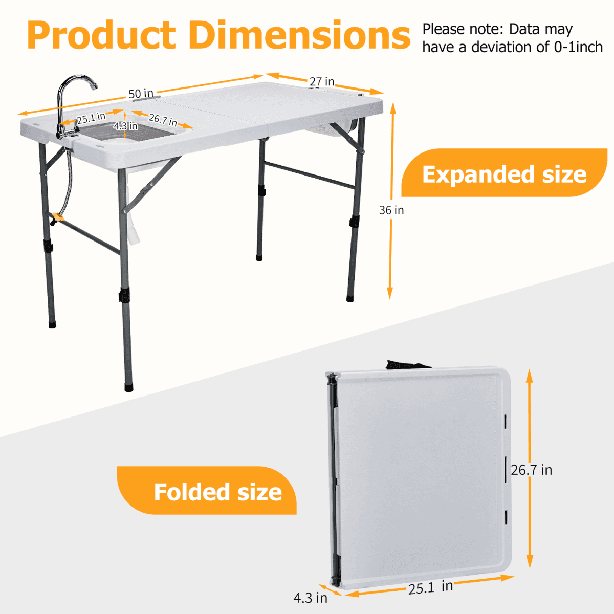 image-50" Folding Fish Cleaning Table with Sink, Bi-Folding Portable Camping Sink Station with Drain Hose, Trash Can, Foldable Outdoor Sink for Camping, Fishing, BBQ