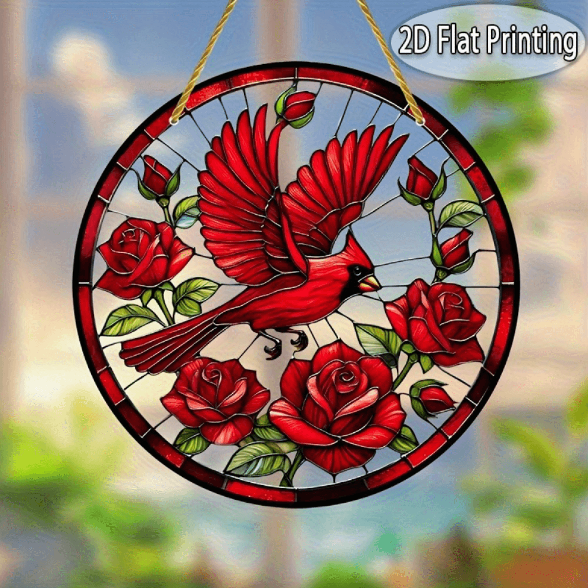 image-Retro Red Bird Sun Catcher Colorful Pendant Festive Decoration 20x20cm