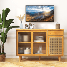 image-Natural Bamboo Sideboard Cabinet with Rattan Door, Sliding Door & Pull-Out Drawer, 5-Leg Rubber Wood Base