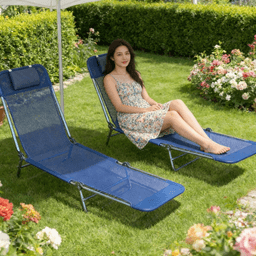 image-Folding Lounge Chairs - Dark Blue Steel Mesh 2-Pack