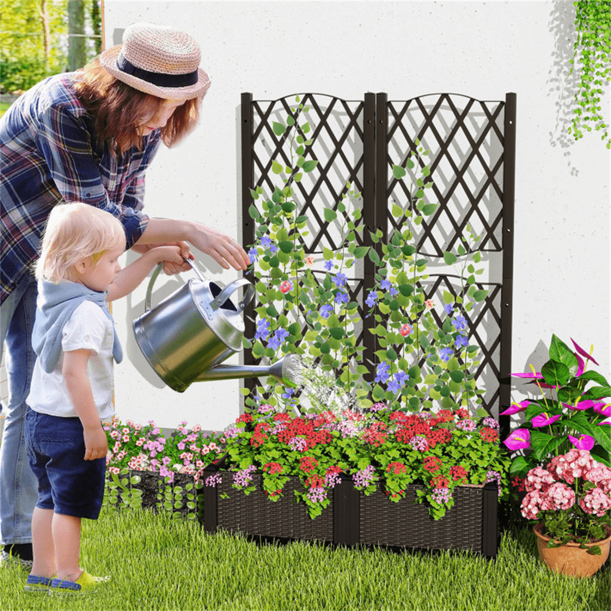 image-Rustic Trellis Planters Set of 2, Garden Boxes for Indoor Outdoor, Self-Watering, Brown