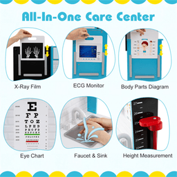image-Blue Wooden Doctor Playset with X-ray, ECG, Sink, Measurer for Toddlers 3-6