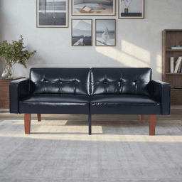 image-Modern PU Leather Futon Sofa with Tufted Backrest, Adjustable Reclining Couch with Wood & Metal Legs, Mid-Century Style Sofa for Living Room