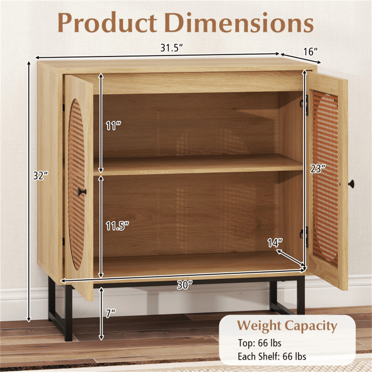 image-Natural PE Rattan Buffet Cabinet with 3-Level Adjustable Shelf, Boho Style & Soft-Close Hinges