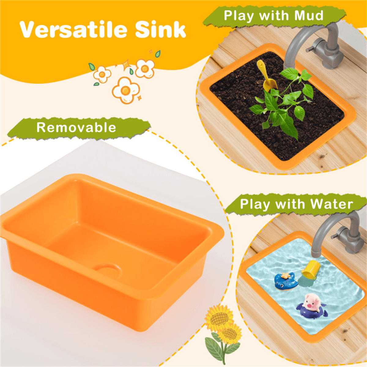 image-Kids Outdoor Mud Kitchen Playset, Fir Wood, Sink/Stove, Utensils & Chalkboard