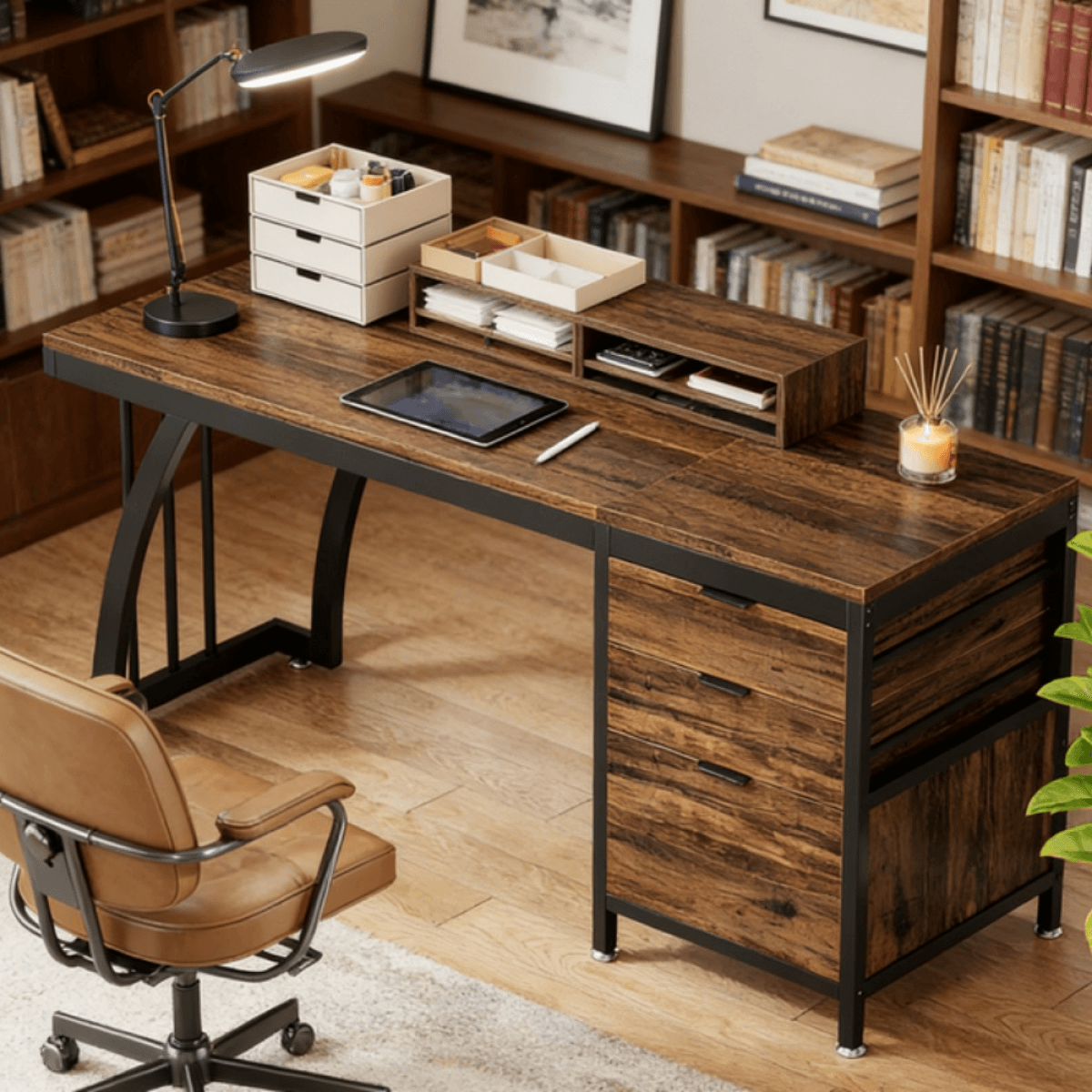image-Industrial Computer Desk - Black Metal Frame, Brown Top, Adjustable